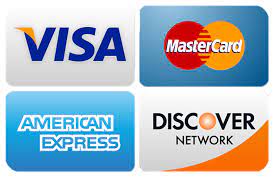 Credit Card logos: Visa, Mastercard, American Express, and Discover